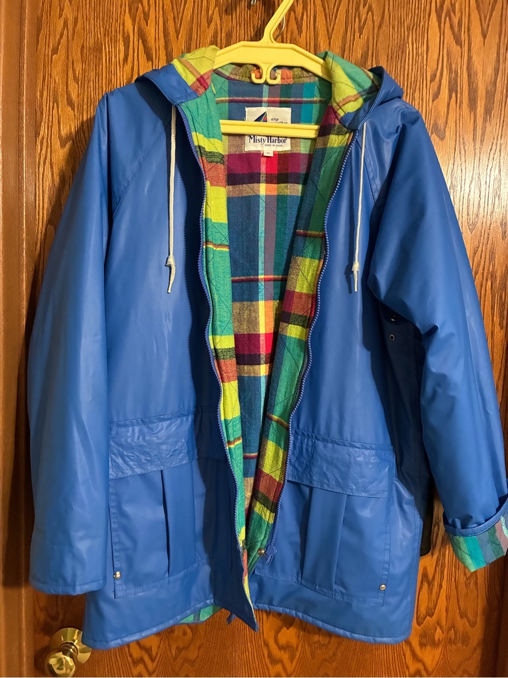 Misty Harbor Blue Raincoat with Colorful Plaid Lining
